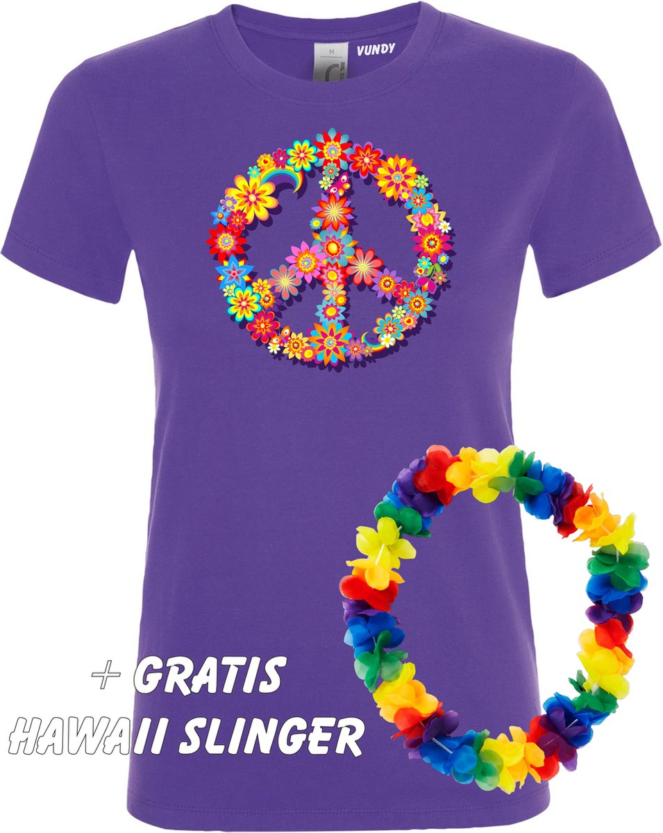 Dames t-shirt Peace Flowers | Toppers in Concert 2022 | Toppers kleding shirt | Flower Power| Happy Together | Hippie Jaren 60 | Paars dames | maat S